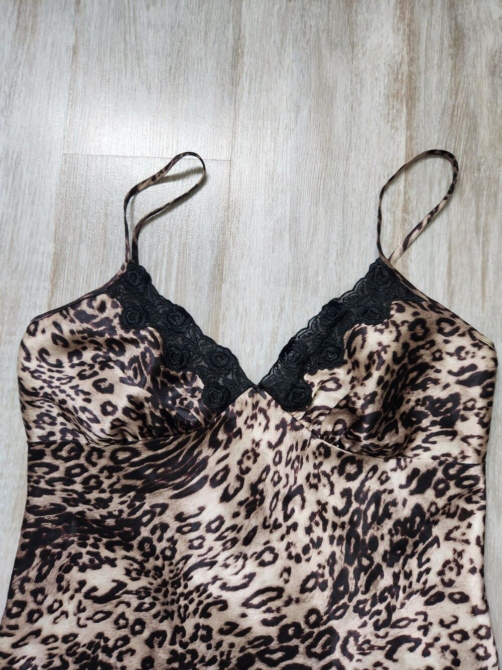 VTG Secret Treasures Leopard Satin Lace Trim Strappy Back Mini Slip Sz S EUC - Picture 2 of 12